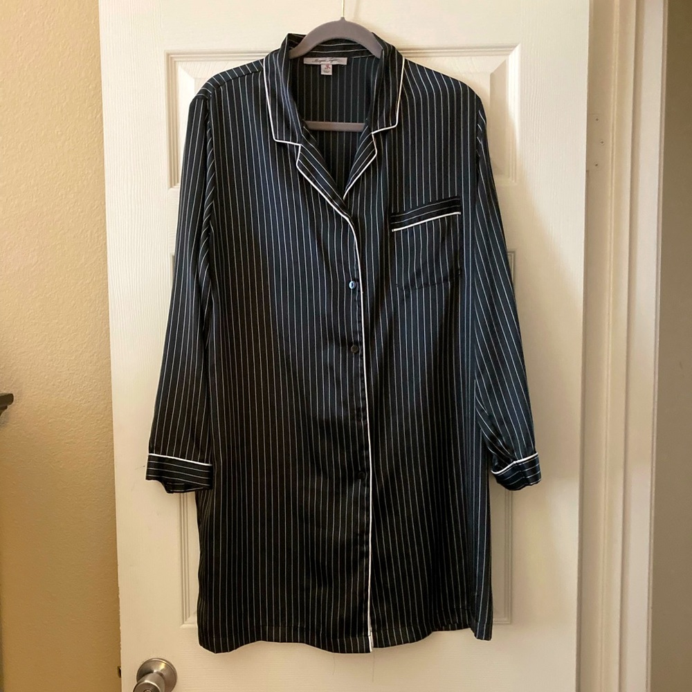 Silky Black & White Pinstripe Sleep-Shirt with White Piping